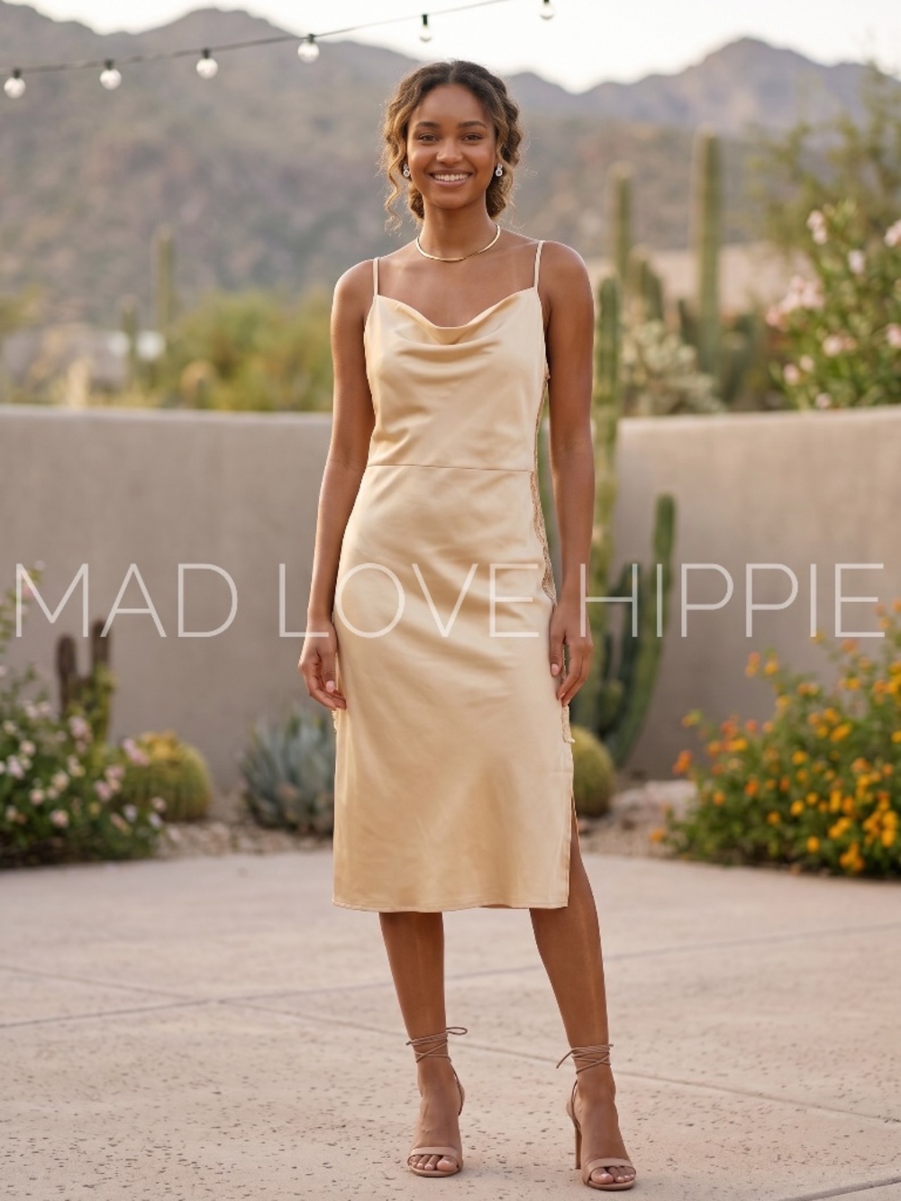 POL GoldChampagne Cowl Neck Midi Slip Dress | Lace Trim Draped Side Slit - Picture 6 of 6